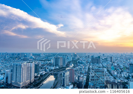 Sunset view from the popular Saigon Skydeck in Ho Chi Minh City, Vietnam Sunset view from the popular Saigon Skydeck in Ho Chi Minh City, Vietnam 116405616
