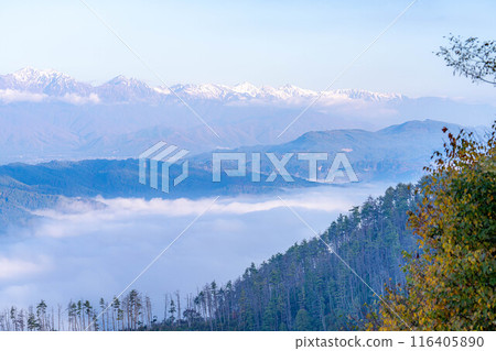 [雲海素材]秋天從長峰山看到的松本平雲海[長野縣] 116405890