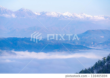 [雲海素材]秋天從長峰山看到的松本平雲海[長野縣] 116405894