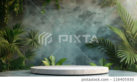 Product display podium on marble table in front of green tropical plants 116405930