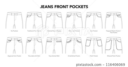 Set of Jeans Front Pockets on pants - Traditional Five Round , Coin Welt, styles technical fashion illustration. Flat 116406069