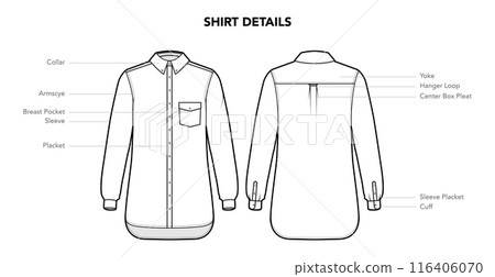 Set of Shirt Top details - Collar, Armscye, Sleeve, Placket styles technical fashion illustration. Flat apparel template 116406070