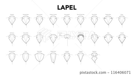 Set of Lapels and collars for tops, shirts, jackets, blouses, coats styles technical fashion illustration. Flat apparel 116406071