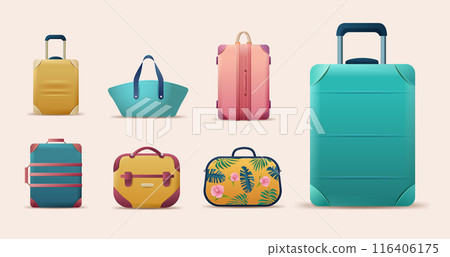 Colorful luggage set travel bags suitcases collection different styles modern design isolated on light background Colorful luggage set travel bags suitcases collection different styles modern design isolated on light background 116406175