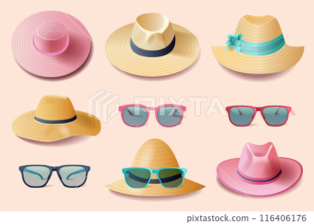 Summer hats and sunglasses collection featuring various styles and colors on a light background Summer hats and sunglasses collection featuring various styles and colors on a light background 116406176