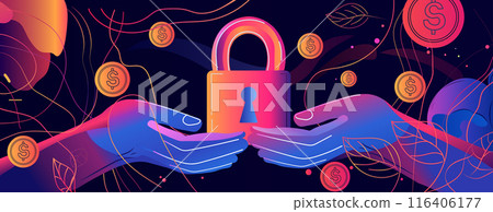 Hands holding padlock digital security concept vibrant colors abstract background coins leaves Hands holding padlock digital security concept vibrant colors abstract background coins leaves 116406177