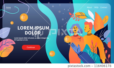 Digital economy concept with people and coins vibrant colors abstract shapes leaves website design template Digital economy concept with people and coins vibrant colors abstract shapes leaves website design template 116406178