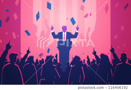 US presidential election candidate giving speech vibrant scene with crowd silhouettes confetti raised hands pink and blue tones political rally 116406192