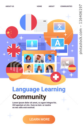 Language learning community online communication multilingual video call flags computers diverse people colorful modern design Language learning community online communication multilingual video call flags computers diverse people colorful modern design 116406197