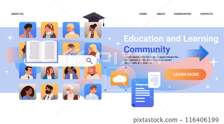 Education and Learning Community concept featuring diverse people icons open book magnifying glass graduation cap cloud document templates colorful background 116406199