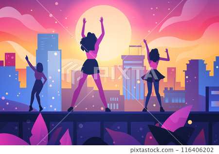 Women dancing on rooftop cityscape sunset vibrant colors silhouettes modern urban skyline colorful background 116406202