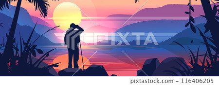 Hiker at sunset overlooking serene lake mountains and palm trees vibrant colors nature scenic landscape digital art banner Hiker at sunset overlooking serene lake mountains and palm trees vibrant colors nature scenic landscape digital art banner 116406205