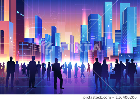 Silhouettes of people in futuristic cityscape digital urban environment vibrant colors skyscrapers neon lights modern city background 116406206