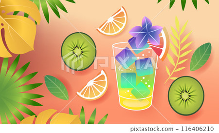 Tropical drink with ice cubes and flower surrounded by kiwi slices citrus wedges palm leaves on gradient orange background Tropical drink with ice cubes and flower surrounded by kiwi slices citrus wedges palm leaves on gradient orange background 116406210