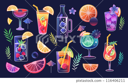 Colorful cocktail drinks with fruit slices ice cubes and decorative elements on dark background Colorful cocktail drinks with fruit slices ice cubes and decorative elements on dark background 116406211