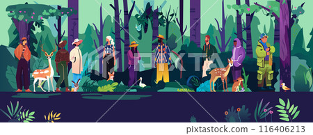 People community forest nature exploration people group in a forest surrounded by animals and lush greenery diverse individuals in colorful outfits engaging with wildlife 116406213