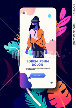 Virtual reality woman community futuristic concept Vibrant illustration of a woman in VR headset colorful abstract background mobile app screen design 116406221