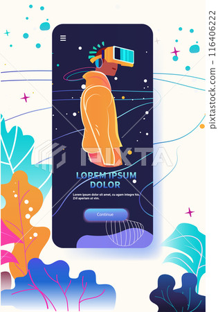 Virtual reality user futuristic technology concept. Person wearing VR headset in a colorful abstract background with leaves and stars mobile application screen Virtual reality user futuristic technology concept. Person wearing VR headset in a colorful abstract background with leaves and stars mobile application screen 116406222