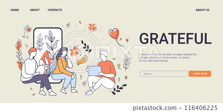 Grateful Mental Health Concept people sitting with devices surrounded by flowers and leaves in a calming environment website design 116406225