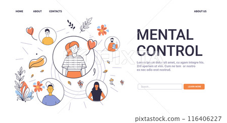 Mental Health Concept mental control illustrated with a central person surrounded by various individuals and abstract elements like hearts flowers leaves website design 116406227