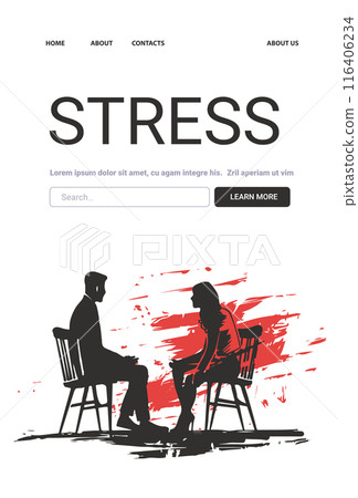 Stress Mental Health Concept two people sitting facing each other on chairs discussing with red abstract background website design 116406234