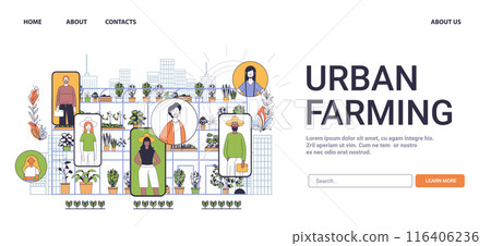 Urban farming concept illustration showcasing diverse people plants and cityscape background website design minimalistic thin line Urban farming concept illustration showcasing diverse people plants and cityscape background website design minimalistic thin line 116406236