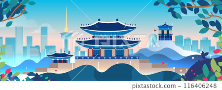 Traditional Asian architecture modern cityscape background skyline nature elements 116406248