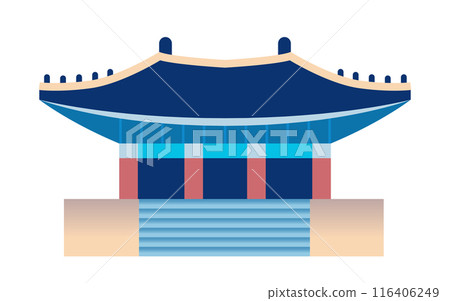Traditional Asian building travel destination concept flat colorful design temple with blue roof and pillars on stairs background Traditional Asian building travel destination concept flat colorful design temple with blue roof and pillars on stairs background 116406249