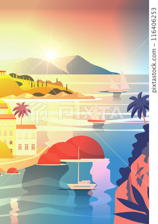 Sunset coastal landscape with sailboats mountains and buildings vibrant colors serene ocean scene bright sky hills modern design elements for travel backgrounds 116406253