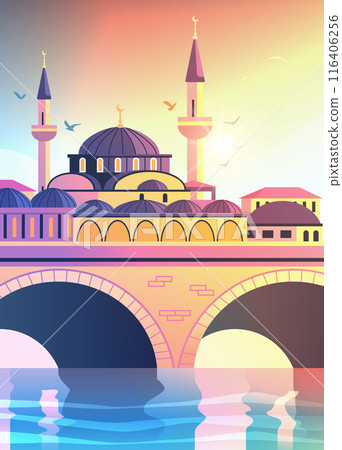 Istanbul skyline mosque bridge sunset colorful architecture birds water reflection Istanbul skyline mosque bridge sunset colorful architecture birds water reflection 116406256