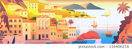 Mediterranean coastal town buildings sailboats scenic landscape colorful houses sea mountains palm trees sunset background website banner 116406258