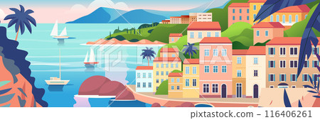 Mediterranean coastal town colorful buildings sailboats palm trees mountains scenic seaside landscape travel concept vibrant colors 116406261