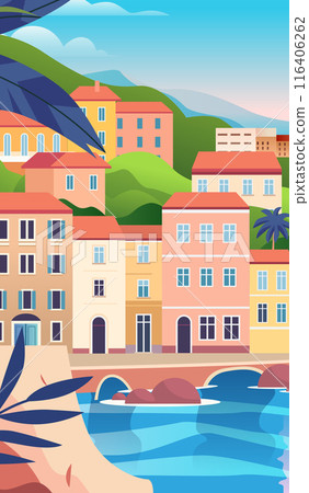 Mediterranean coastal town colorful buildings scenic landscape with hills sea and palm leaves vibrant architecture travel concept background 116406262