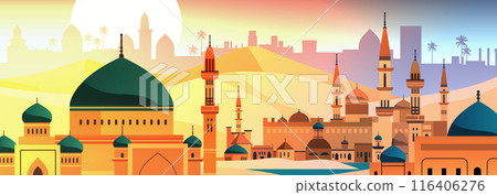 Middle Eastern cityscape mosque domes minarets desert sunset palm trees colorful gradient background travel destination banner design Middle Eastern cityscape mosque domes minarets desert sunset palm trees colorful gradient background travel destination banner design 116406276
