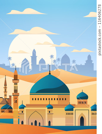 Mosque desert landscape sunset Middle Eastern architecture silhouettes palm trees sand dunes blue sky 116406278
