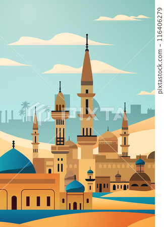 Middle Eastern cityscape with domes and minarets desert background palm trees clear sky travel concept design elements 116406279