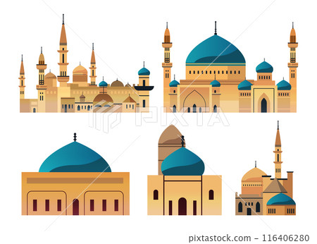 Islamic architecture landmarks mosque minarets domes Various mosque designs with detailed domes and minarets in warm colors perfect for travel cards backgrounds or design elements. Islamic architecture landmarks mosque minarets domes Various mosque designs with detailed domes and minarets in warm colors perfect for travel cards backgrounds or design elements. 116406280