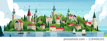 Castle town landscape with sailboats Towering castles and buildings on lush green hills by the water with sailboats clouds and birds in the sky Castle town landscape with sailboats Towering castles and buildings on lush green hills by the water with sailboats clouds and birds in the sky 116406281