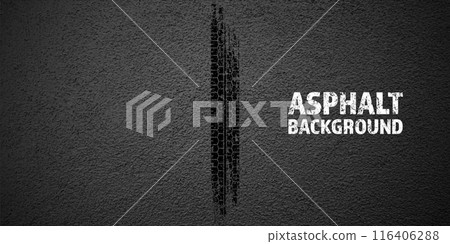 Black grunge tire tracks, wheel braking marks. Truck, car or motorcycle tread pattern silhouettes. Auto race, motorsport, speed racing design element. Asphalt texture. Vector illustration 116406288