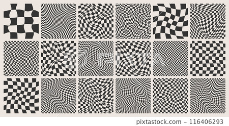 Trendy checkered pattern, black and white distorted tiled grid. Wavy curved backdrop, distortion effect. Funky geometric chessboard texture, retro background in 90s style, y2k. Vector illustration Trendy checkered pattern, black and white distorted tiled grid. Wavy curved backdrop, distortion effect. Funky geometric chessboard texture, retro background in 90s style, y2k. Vector illustration 116406293