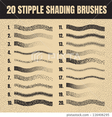 Stipple scatter brush, ink drawing and texturing. Fading gradient. Stippling, dotwork drawing, shading using dots. Halftone disintegration effect. White noise grainy texture. Vector illustration Stipple scatter brush, ink drawing and texturing. Fading gradient. Stippling, dotwork drawing, shading using dots. Halftone disintegration effect. White noise grainy texture. Vector illustration 116406295