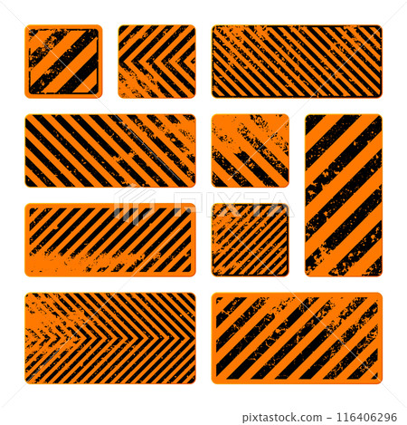 Orange grunge warning signs with diagonal lines. Old attention, danger or caution sign, construction site signage. Realistic notice signboard, warning banner, road shield. Vector illustration 116406296