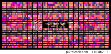 Red, violet glossy gradient, metal foil texture. Sunset color swatch set, summer vibes. Collection of high quality gradients. Shiny metallic background. Design element. Vector illustration 116406303