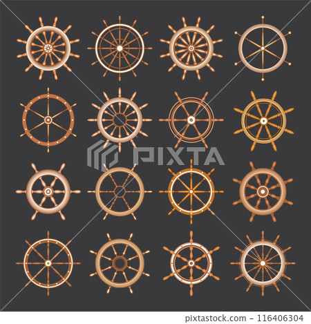 Wooden vintage steering wheels. Ship, sailboat or yacht retro wheel symbol. Brown nautical rudder icon. Marine logotype design element. Vector illustration 116406304