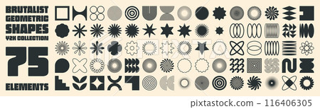 Brutalist geometric shapes, modern symbols. Simple primitive elements and forms. Retro design, trendy contemporary minimalist style, y2k. Vector illustration 116406305