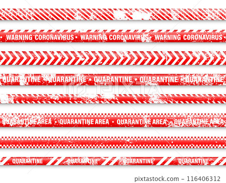 Old grunge quarantine zone warning tape. Novel coronavirus outbreak. Global lockdown. Red coronavirus danger stripe. Police caution line, restricted area. Construction tape. Vector illustration 116406312