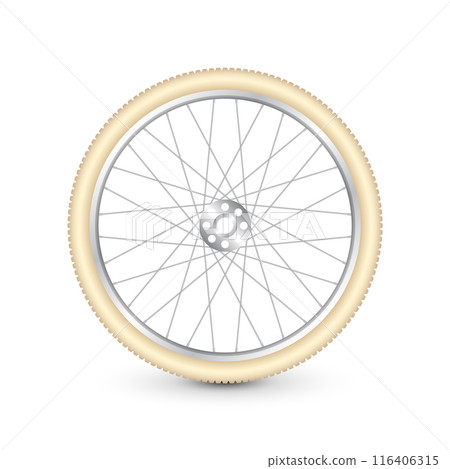 Realistic 3d retro bicycle wheel. Bike rubber tire, shiny metal spokes and rim. Fitness cycle, touring, sport, road and mountain bike. Vector illustration Realistic 3d retro bicycle wheel. Bike rubber tire, shiny metal spokes and rim. Fitness cycle, touring, sport, road and mountain bike. Vector illustration 116406315