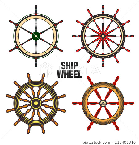 Wooden vintage steering wheels. Ship, sailboat or yacht retro wheel symbol. Colorful nautical rudder icon. Marine logotype design element. Vector illustration 116406316