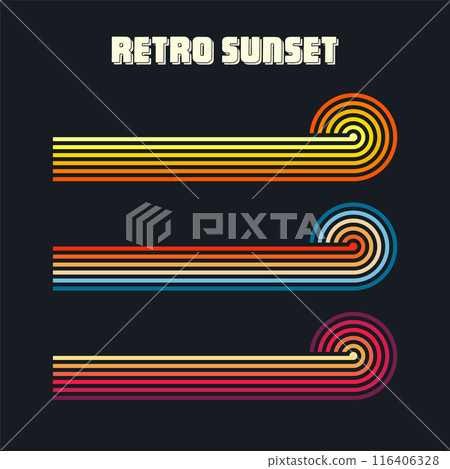 Vintage sunset collection. Various colorful striped sunrise badges in 80s and 90s style. Sun and ocean view, summer vibes, surfing. Design element for print, logo or t-shirt. Vector illustration 116406328