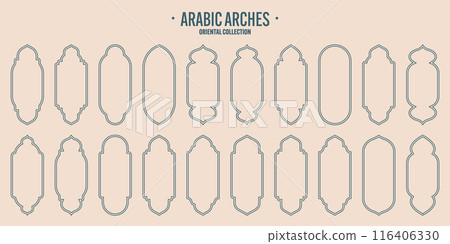 Islamic frames, oriental style objects. Arabic shapes, windows and arches. Traditional ornamental banner, frame. Muslim holidays, Ramadan Kareem. Modern eastern architecture. Vector illustration 116406330